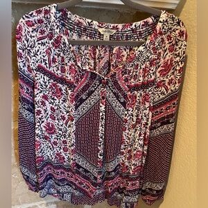 Lucky Brand Women’s Paisley Floral Balloon Sleeve Btn Down Peasant Boho Blouse M